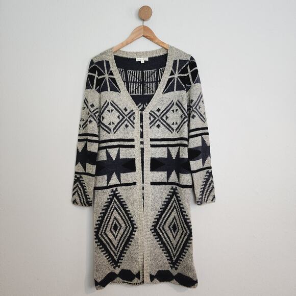 Wishlist Sweaters - Wishlist Grey Aztec Longline Duster Cardigan Sweater - Geometric Boho - M/L